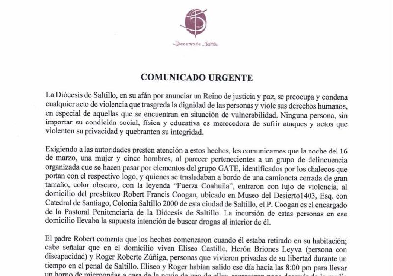 Irrumpen criminales en casa de cura en Saltillo, se hacen pasar por GATES: Iglesia