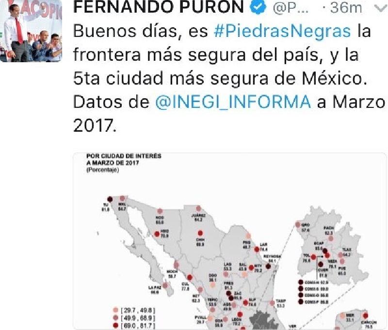 Ratifica INEGI a Piedras Negras como la quinta ciudad más segura del país: Alcalde