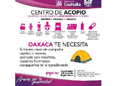 Abren gobierno y DIF Coahuila centro de acopio para afectados por sismo