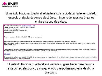 Alerta INE sobre falso correo electrónico, es un virus