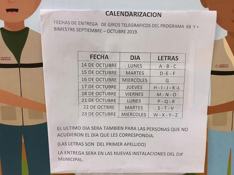 Del 14 al 23 de octubre se entregarán los giros telegráficos del