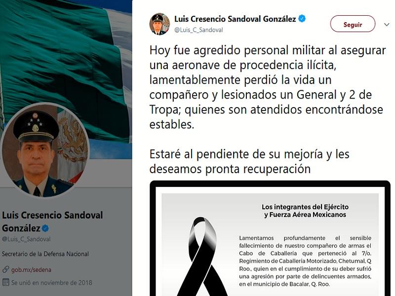 Lamenta titular de la SEDENA fallecimiento de militar en agresión en Quintana Roo, envía condolencias