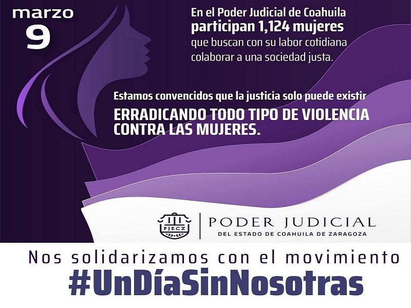 Se suma Poder Judicial de Coahuila a la convocatoria #UnDiaSinNosotras, no trabajar&aacute;n las mujeres