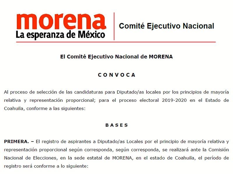 Lanza MORENA convocatoria para selecci&oacute;n de candidaturas para diputados y diputadas en Coahuila