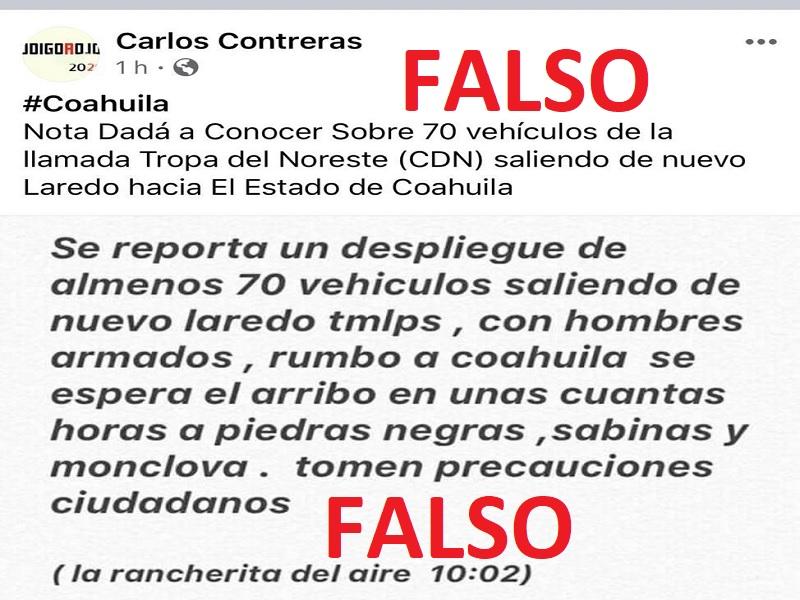 Es falsa información que circula sobre presunta incursión de camionetas del crímen organizado a Coahuila