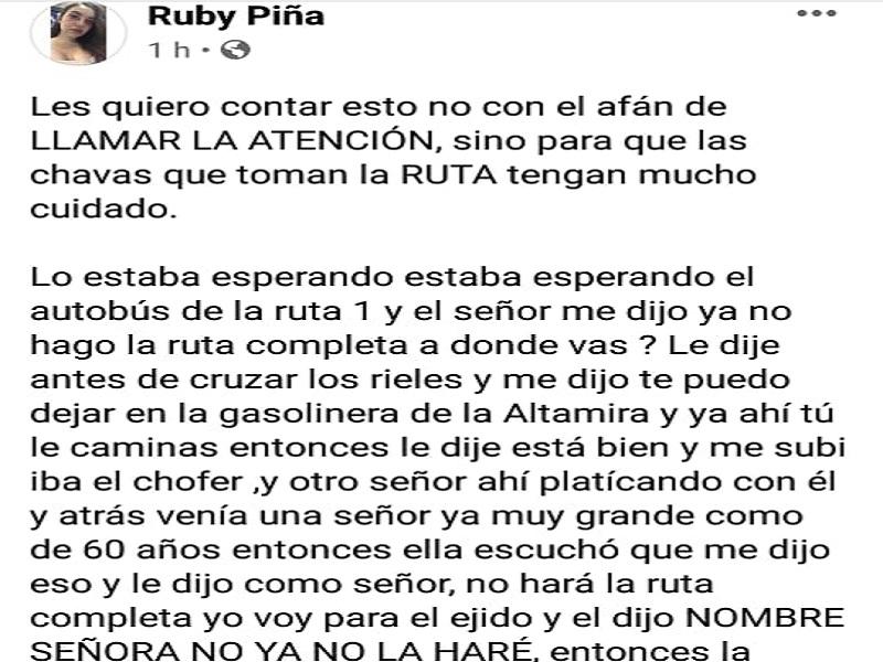 Jovencita denuncia en redes sociales situaci&oacute;n de riesgo con chofer de transporte