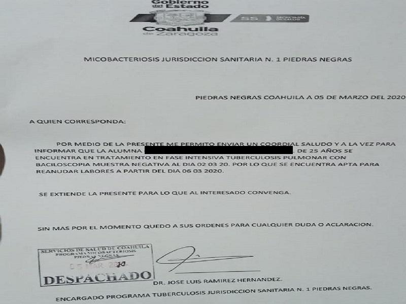 Universidad de Piedras Negras niega la entrada a una alumna tras haber padecido tuberculosis