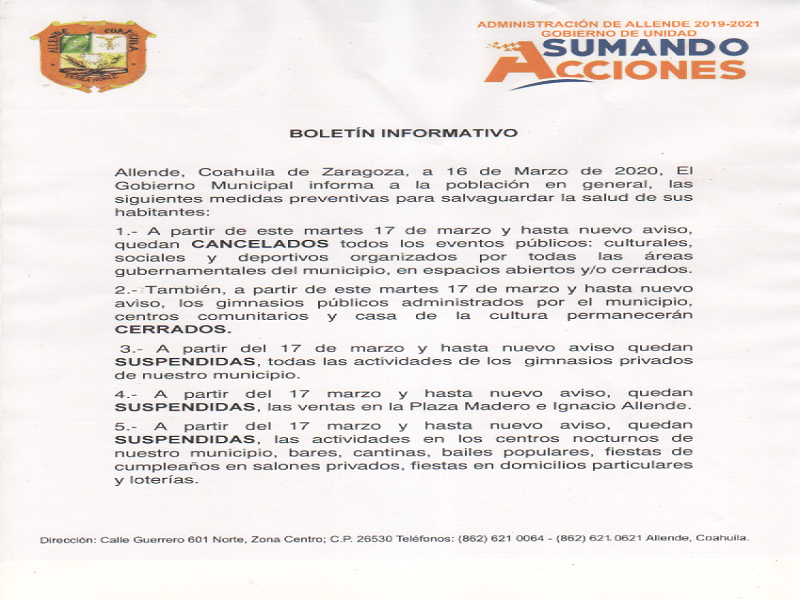 Cancelan eventos p&uacute;blicos en Allende para prevenir coronavirus