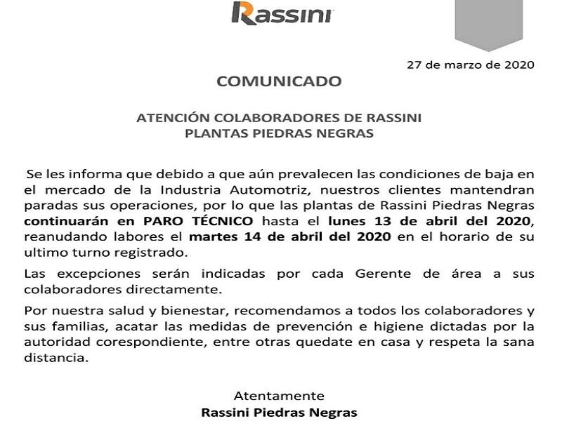 A paro t&eacute;cnico m&aacute;s de 10 mil trabajadores en Piedras Negras; Rassini ampl&iacute;a suspensi&oacute;n de labores