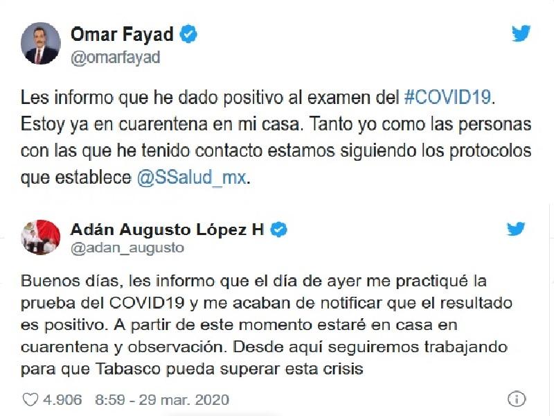 Gobernadores de Hidalgo y Tabasco dan positivo a coronavirus 