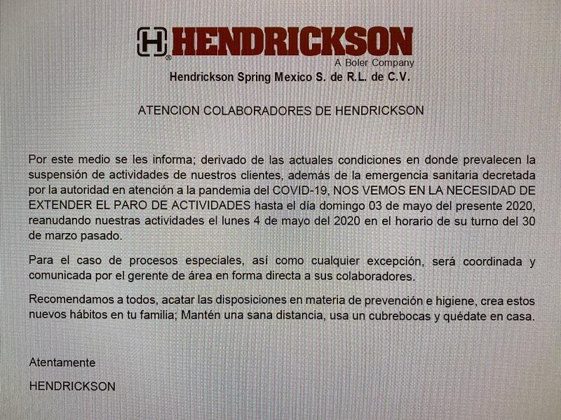 Ampl&iacute;a planta Hendrickson paro t&eacute;cnico hasta el 3 de mayo en Piedras Negras