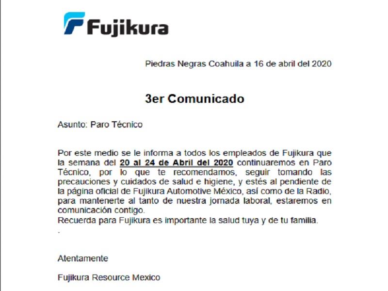 Ampl&iacute;a Fujikura una semana m&aacute;s su paro t&eacute;cnico