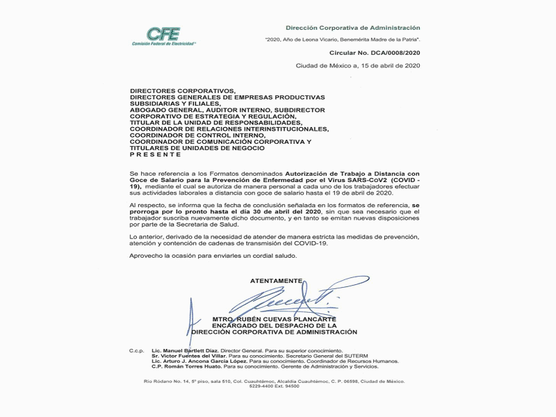 Da pr&oacute;rroga CFE el home office de sus trabajadores administrativos y en riesgo 
