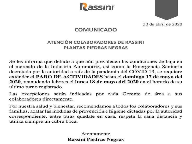 Ampl&iacute;a Rassini suspensi&oacute;n de labores en Piedras Negras, reanuda el 18 de mayo