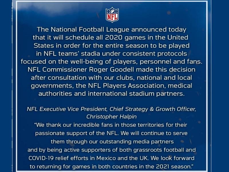 NFL cancela su juego en M&eacute;xico por Coronavirus