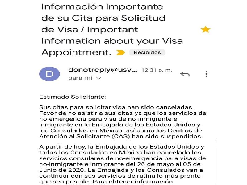 Nuevamente cancela embajada de EU citas para visas de no inmigrantes hasta después del 6 de junio