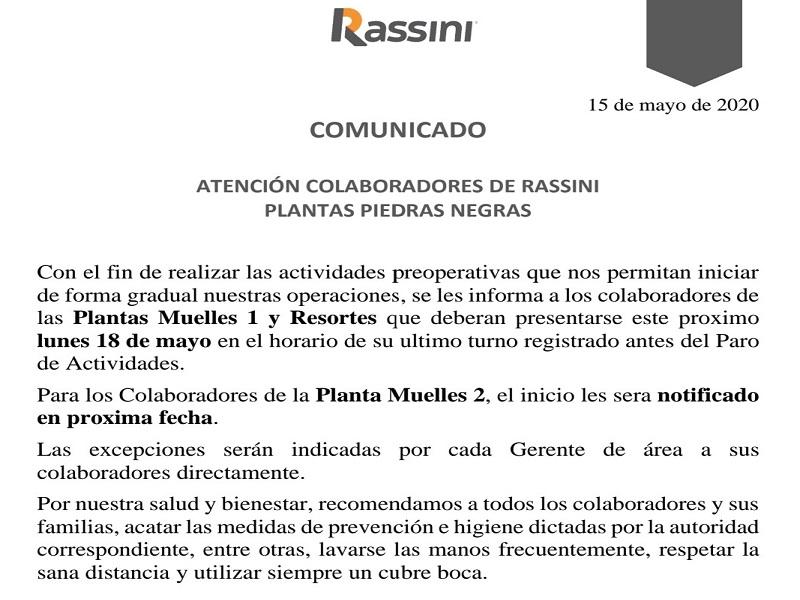 Rassini pone fin al paro t&eacute;cnico en Piedras Negras; reanuda labores el pr&oacute;ximo lunes 