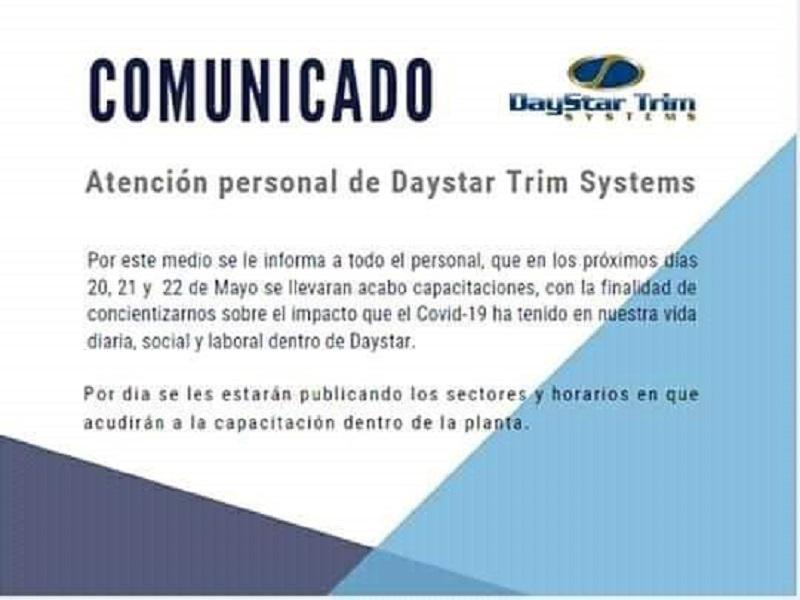 Empresa DayStar Trim Systems capacitar&aacute; a su personal para regresar a la nueva normalidad