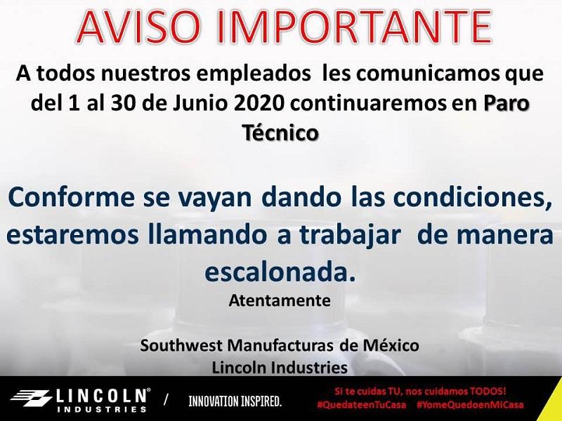 Maquiladora Lincoln Industries ampl&iacute;a un mes m&aacute;s el paro t&eacute;cnico en Piedras Negras