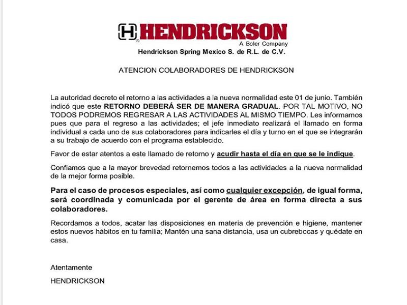 Colaboradores de Hendrickson no podr&aacute;n regresar a trabajar todos al mismo tiempo el 1 de junio