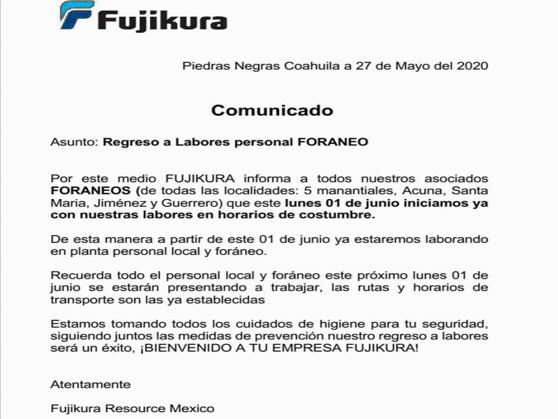 Llama Fujikura a trabajadores for&aacute;neos para regreso a labores 