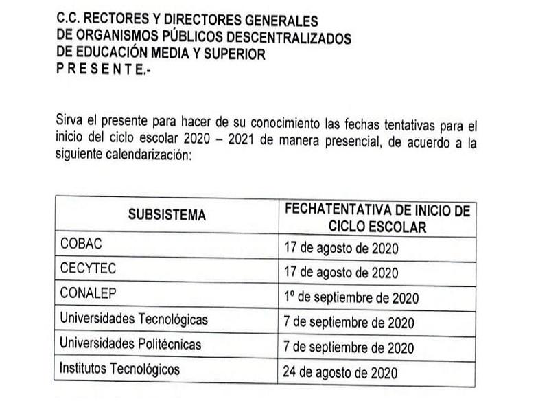 Definen fecha de inicio del siguiente ciclo escolar en nivel medio y superior