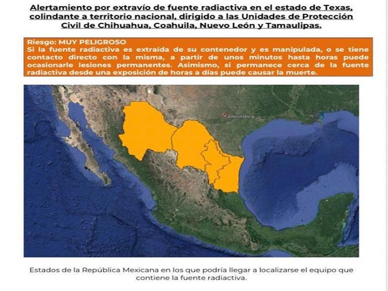 Alertan por extravío de fuente radiactiva en Texas, colindante con Coahuila y otros estados de México