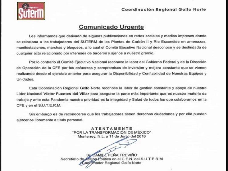 Se deslinda SUTERM de manifestaciones de trabajadores de CFE