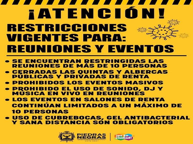 En Piedras Negras siguen prohibidos los eventos masivos y reuniones de m&aacute;s de 10 personas por COVID-19