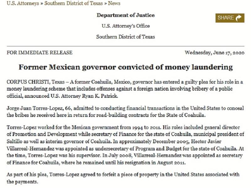 Jorge Torres admite transacciones en EU para ocultar sobornos de contratos para el Estado de Coahuila