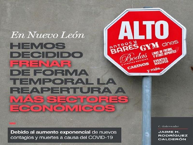 Frena Nuevo Le&oacute;n reapertura de m&aacute;s sectores econ&oacute;micos ante avance del coronavirus
