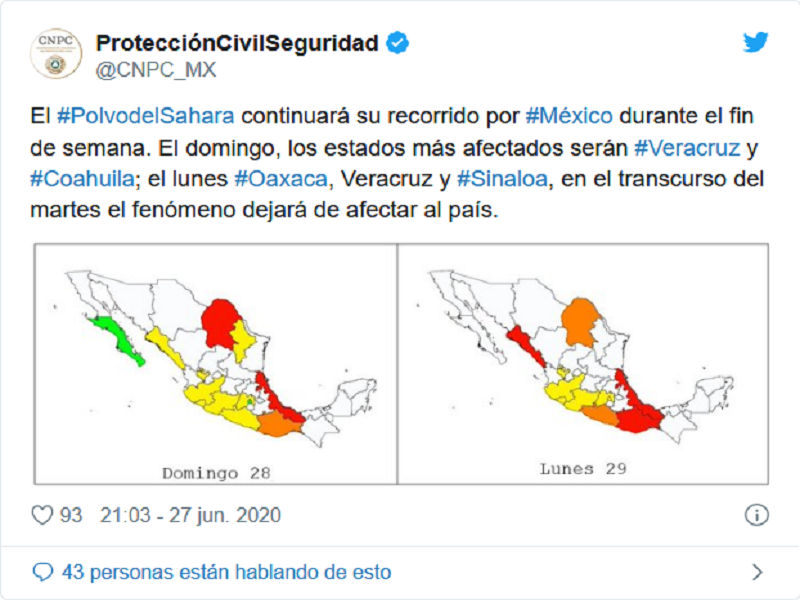 Polvo del Sahara afectará a Coahuila y Veracruz este domingo