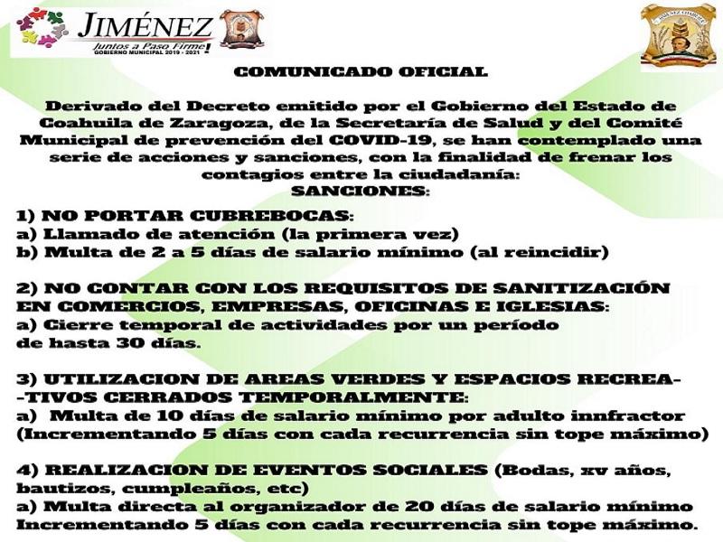 Informa Jiménez sanciones por no acatar decreto para evitar contagios del COVID-19