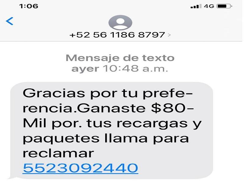 Continúan los intentos de extorsión telefónica, envían mensajes de texto por presunto premio de 80 mil pesos