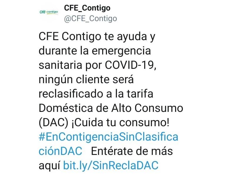 Reitera CFE que ning&uacute;n usuario ser&aacute; reclasificado a la tarifa dom&eacute;stica de alto consumo