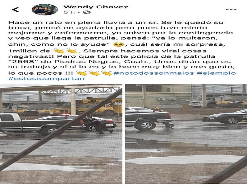 Se viraliza gesto de policía que ayudó a conductor varado por la lluvia en Piedras Negras