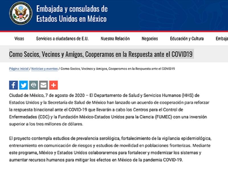 Invertir&aacute;n EU y M&eacute;xico m&aacute;s de 3 MDD para reforzar lucha contra el Covid-19, incluir&aacute; estudio de movilidad en la frontera