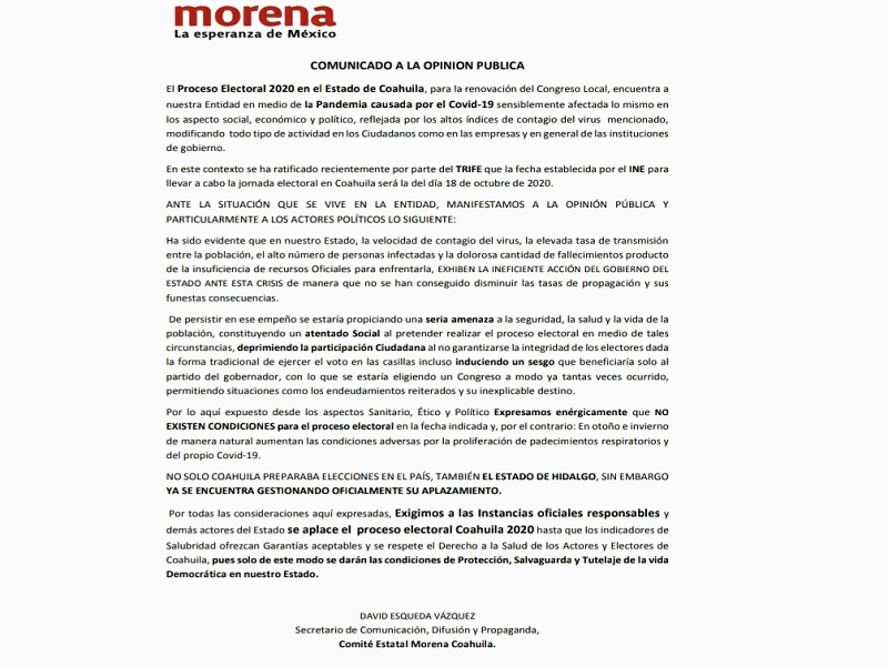 Se suma MORENA a solicitud para aplazar la elecci&oacute;n en Coahuila 