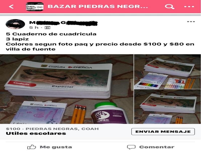 Venden en bazares de Facebook útiles escolares presuntamente robados en Piedras Negras 