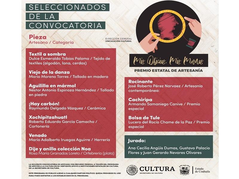 Cultura Coahuila da a conocer los resultados del Premio Estatal de Artesanía Mis Oficios, Mis Manos