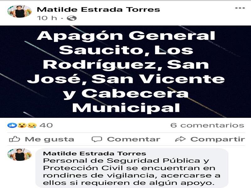 Apagón de tres horas registró el municipio de Guerrero y varios ejidos
