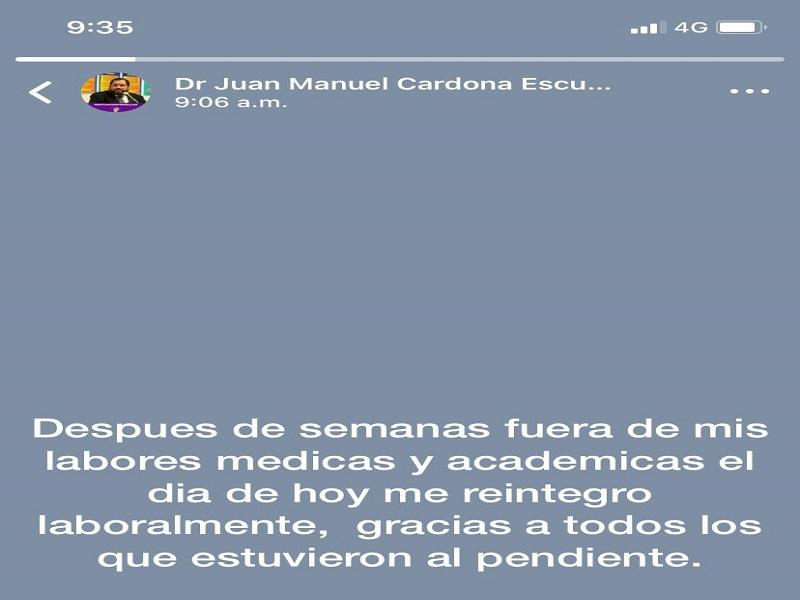 Se reintegra a sus labores el director de la Escuela de Medicina, re infectado en dos ocasiones de coronavirus