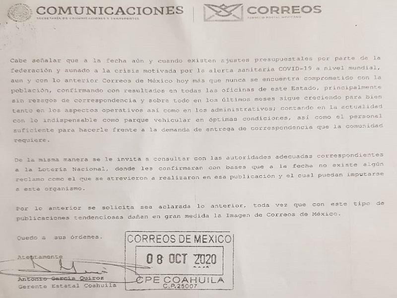 Aclara Correos de M&eacute;xico que no fue su responsabilidad falta de billetes de loter&iacute;a en Piedras Negras