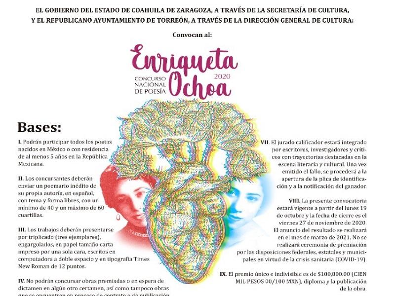 Cultura Coahuila convoca al Concurso Nacional de Poesía Enriqueta Ochoa 2020