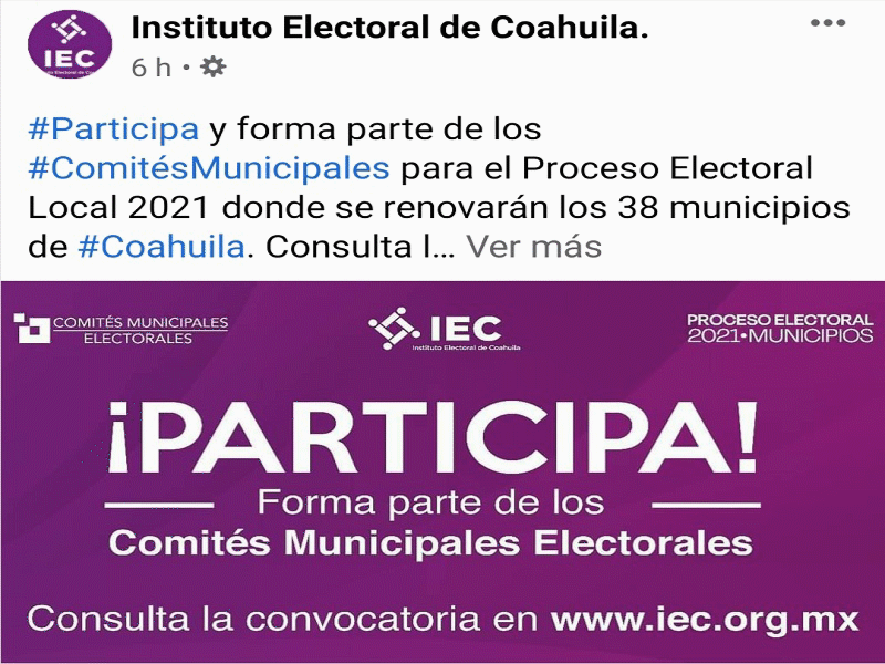 A menos de 2 semanas de la elección, convoca IEC a participar en Comités Municipales para la del 2021 