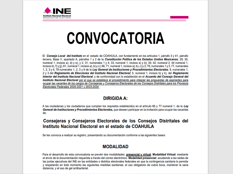 Mañana vence la convocatoria para consejeros electorales distritales del INE en Coahuila
