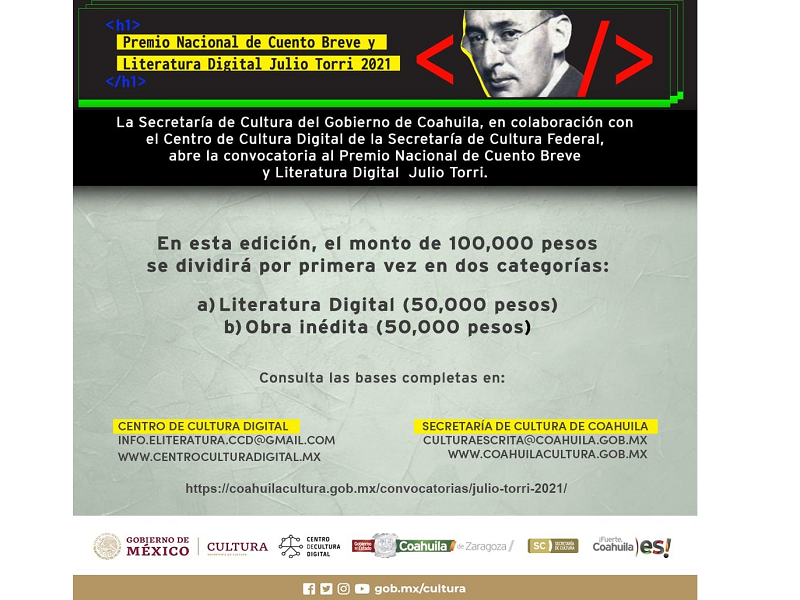 Convoca Cultura Coahuila a premio nacional de cuento breve y literatura digital Julio Torri