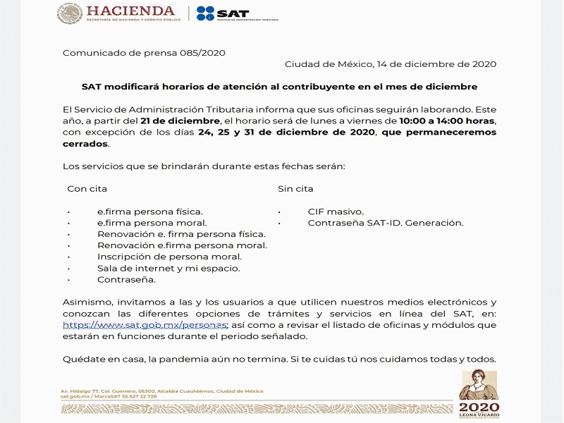 Modifica el SAT horarios de atenci&oacute;n a contribuyentes