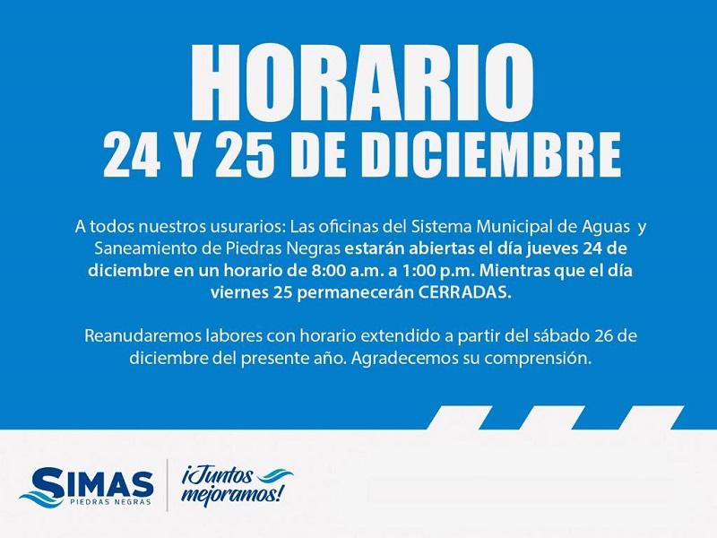 Anuncia SIMAS cierre de oficinas el 25 de diciembre por Navidad, pero si abrirán el sábado 26
