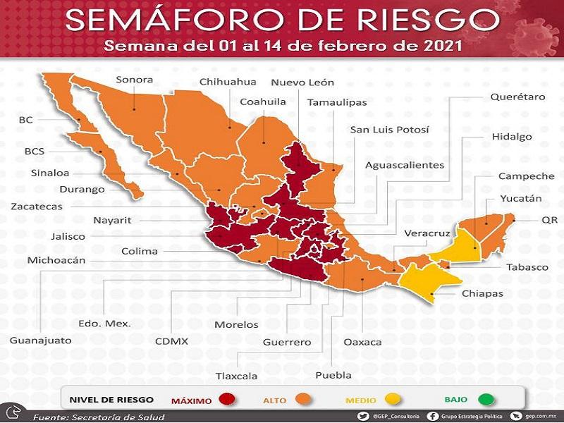 Coahuila avanza a naranja en el semáforo epidemiológico por COVID-19, Campeche retrocede de verde a amarillo
